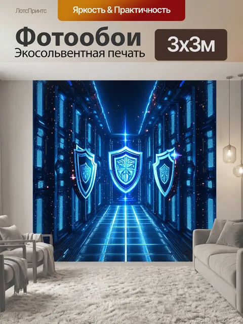 Фотообои комплекс из серверов, изображённых как крепость, с защитой кибератак в виде магических щитов и заклинаний