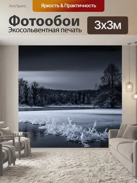 Фотообои ночь в стиле черно-белый, замерзшее озеро с ледяными узорами, сказочные деревья на фоне