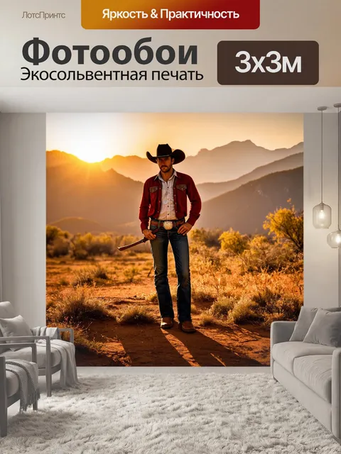 Фотообои ковбой на закате, окружённый горными пейзажами