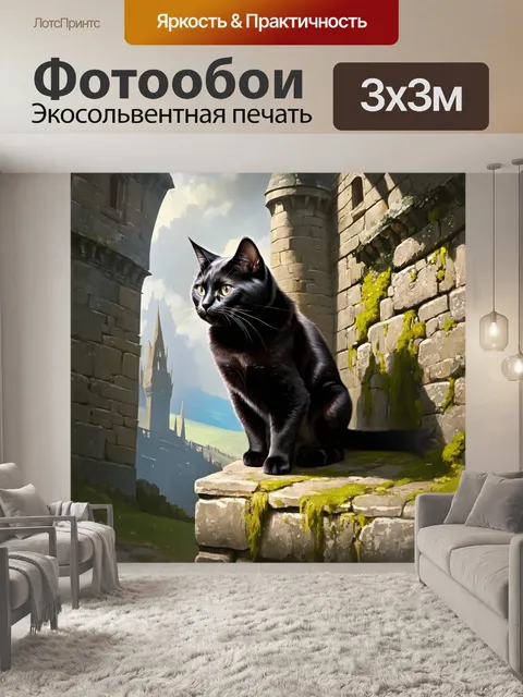 Фотообои черная кошка, сидящая на каменной стене древнего замка, излучает силу и независимость