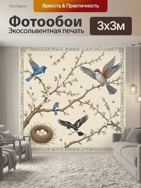 Фотообои Весенние птицы на цветущих ветках