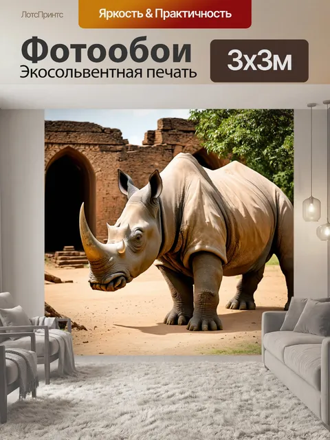 Фотообои носорог, исследующий затерянный древний город