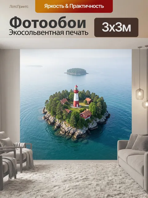 Фотообои Высокий красно-белый маяк на крошечном скалистом острове