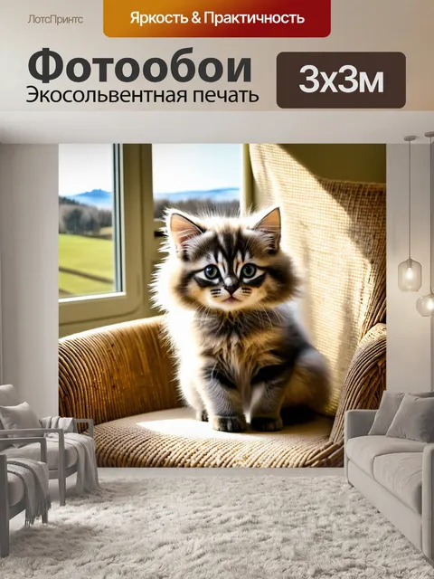 Фотообои великолепная британская кошка-котенок с пушистой шерстью, уютно устроившаяся на мягком, плетеном кресле у окна