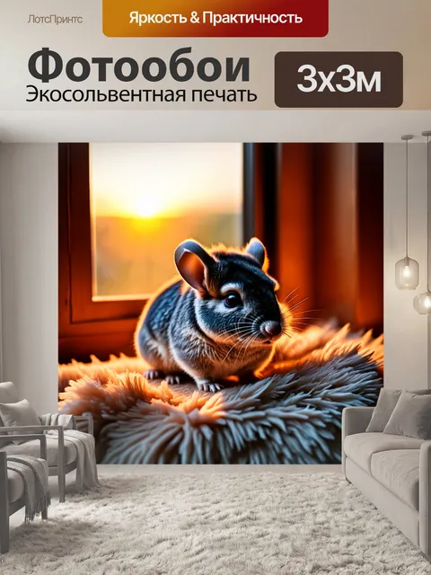 Фотообои вечерний уют, где шиншилла наслаждается моментом на пушистом пледе, а за окном виднеется закат