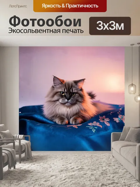 Фотообои на фоне пастельного заката грациозная персидская кошка нежно устроилась на синей ситцевой ткани с изящным…