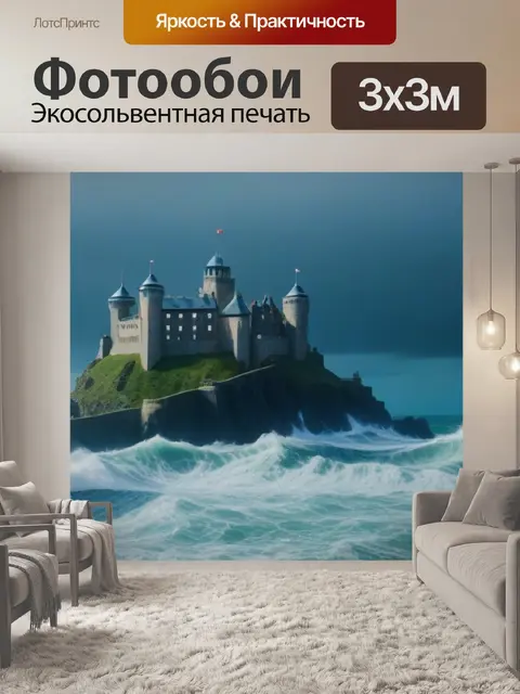 Фотообои замок, окруженный бушующими морями