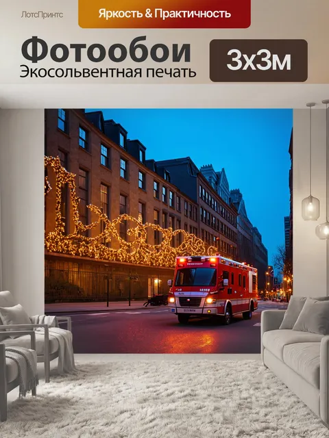 Фотообои городская улица с красной скорой помощью, проезжающей мимо