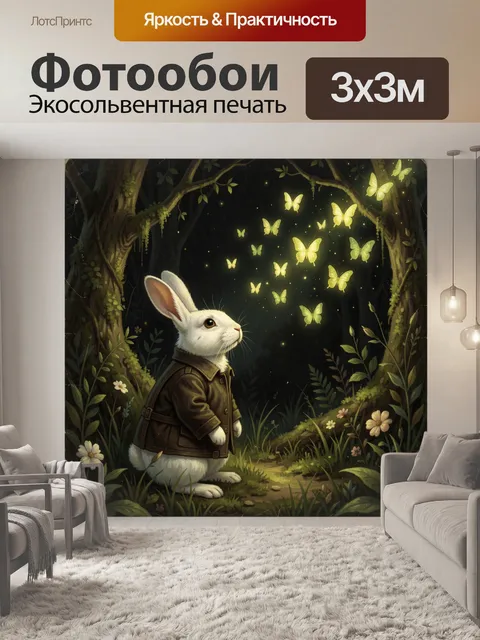 Фотообои Белый кролик и светящиеся бабочки