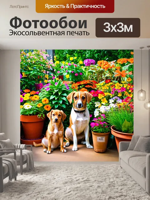 Фотообои животные в стиле максимализм: сцена с домашними животными в саду
