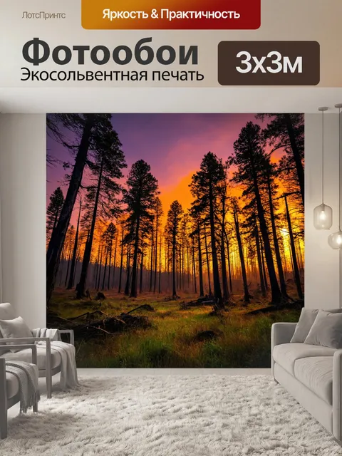 Фотообои лесной пейзаж в свете заката, окрашивающий небо в оранжевые и пурпурные тона
