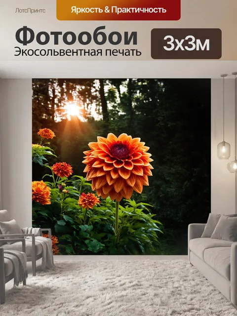 Фотообои густые оранжевые и красные георгины захватывающе тянутся ввысь, словно ищут солнце в тёмном лесу
