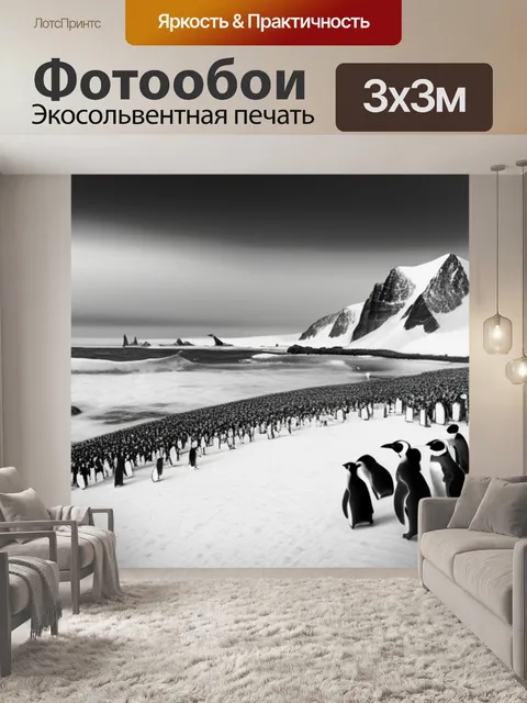 Фотообои пейзаж с пингвинами чернобелый
