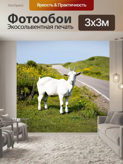 Фотообои белый козел на фоне заброшенного дороги, заросшего травой и дикими цветами