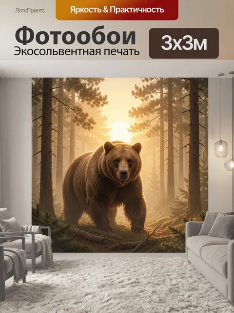 Фотообои Медведь в туманном лесу на рассвете