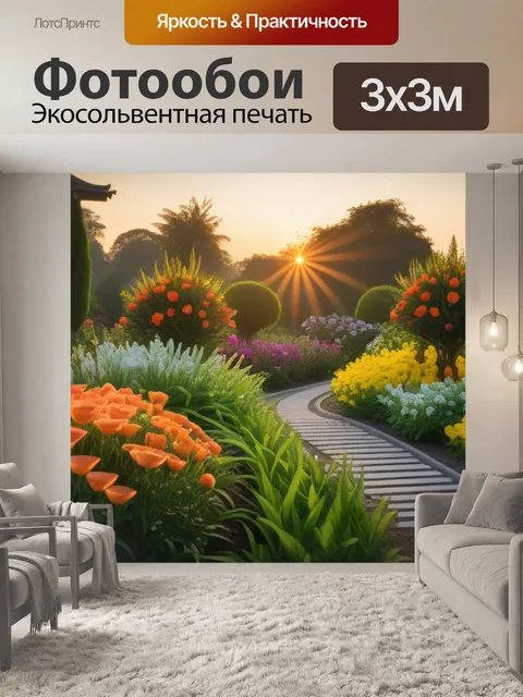 Фотообои рассвет с красивыми цветами в саду