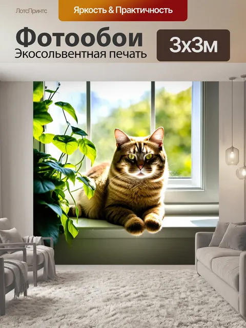 Фотообои кошка на солнечном подоконнике, греющаяся на лучах солнца, с зелеными растениями вокруг