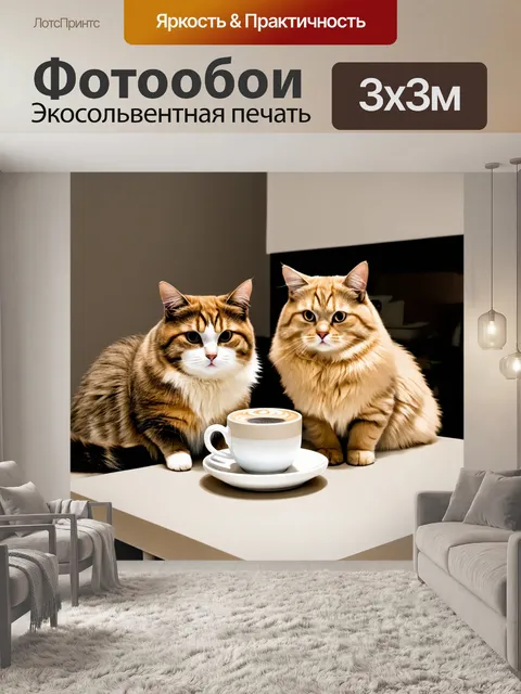 Фотообои коты, сидящие за столом за чашкой кофе