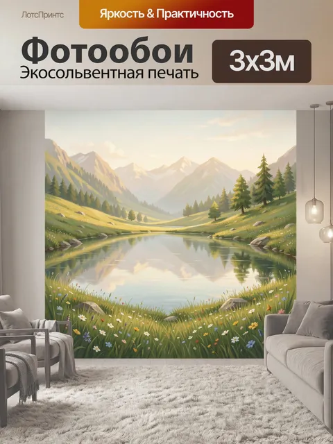 Фотообои Горное озеро в цветущей долине