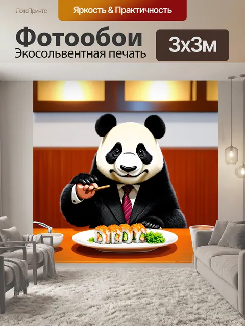 Фотообои панда в костюме, едающая суши в японском ресторане, с остроумным выражением лица