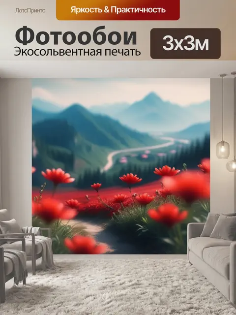 Фотообои пейзаж с красными цветами минимал