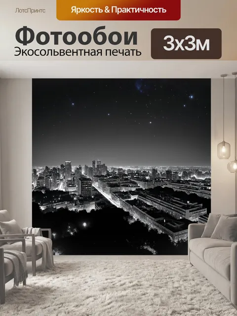 Фотообои пейзаж в стиле черно-белый, вечерние огни большого города с далекими звездами