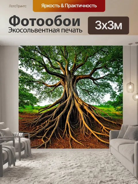 Фотообои могущественное дерево с длинными корнями, уходящими в землю