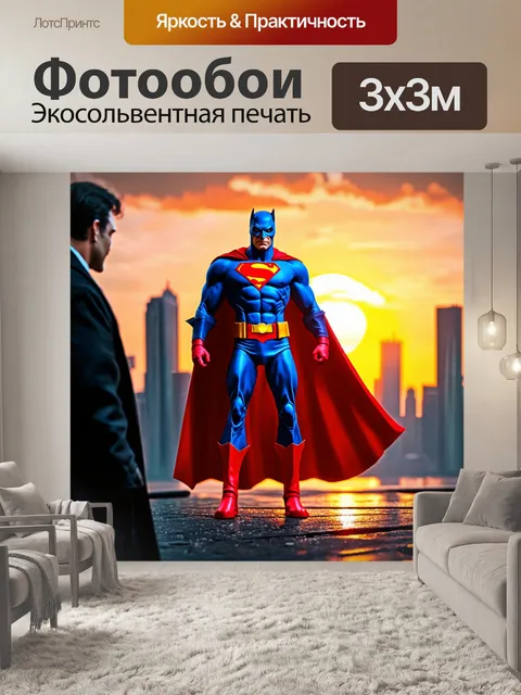 Фотообои супергерой, защищающий город от злодея на фоне заката