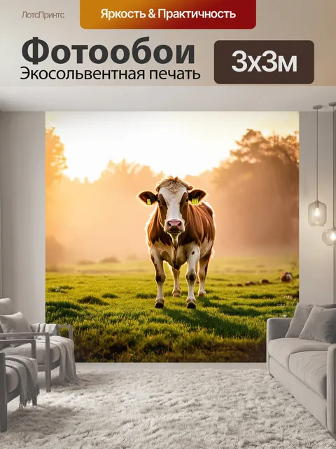 Фотообои корова стоит на зелёном лугу, её задние ноги выгнуты в уютной позе, а солнце освещает её мягкую шерсть