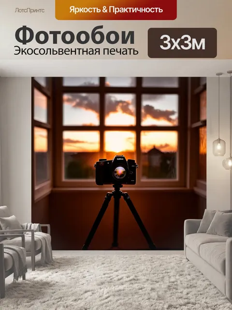 Фотообои Фотография, сделанная изнутри комнаты через окно, на переднем плане — камера на штативе, направленная на…