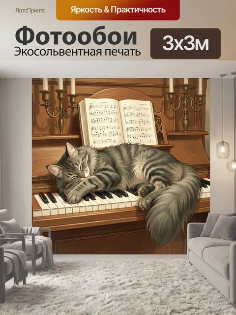 Фотообои Спящий кот на пианино
