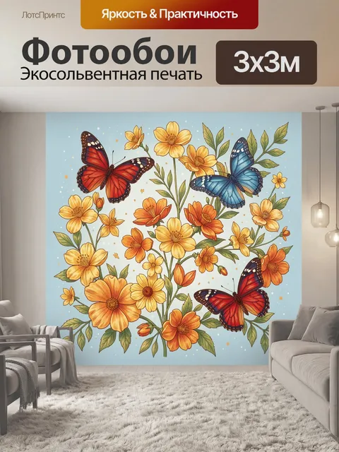 Фотообои Бабочки и цветочный букет