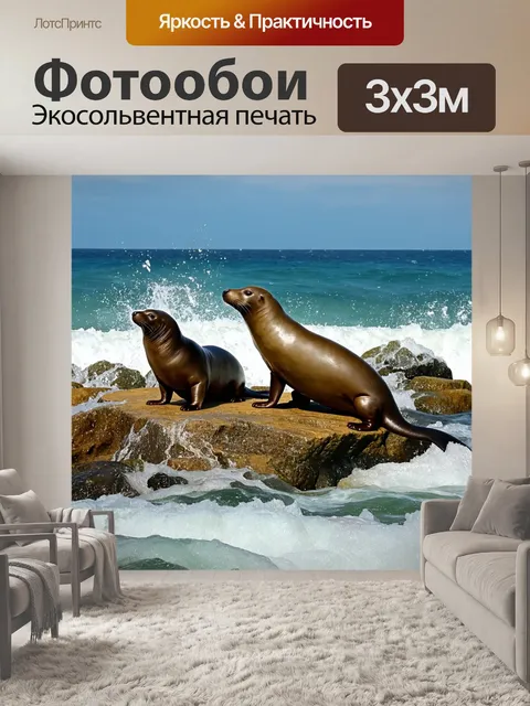 Фотообои животные в стиле романтизм, забавные морские львы на скалах, омываемых волнами, солнечный день