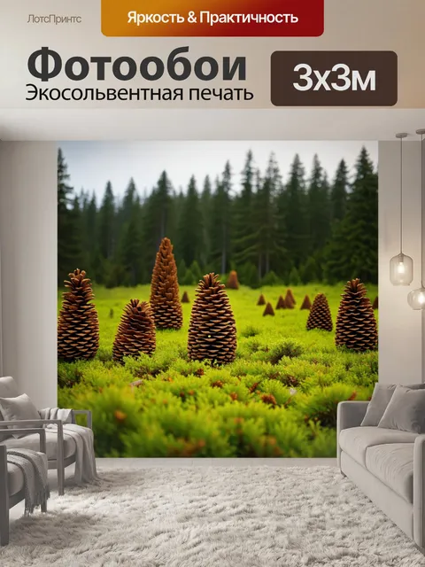 Фотообои поле кедровых шишек на фоне высоких лесов, создающее ощущение величественности и постоянства