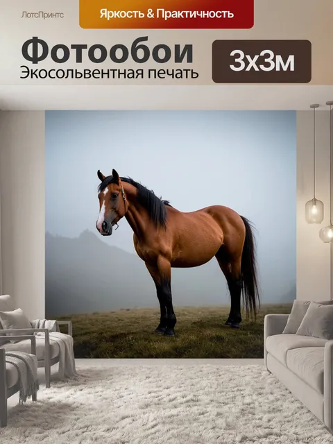 Фотообои конь, стоящий на утреннем тумане, придающем альпийскому пейзажу загадочность