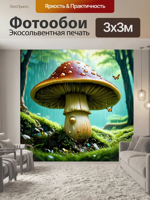 Фотообои дождь в стиле фэнтези: гигантские грибные шляпки собирают капли