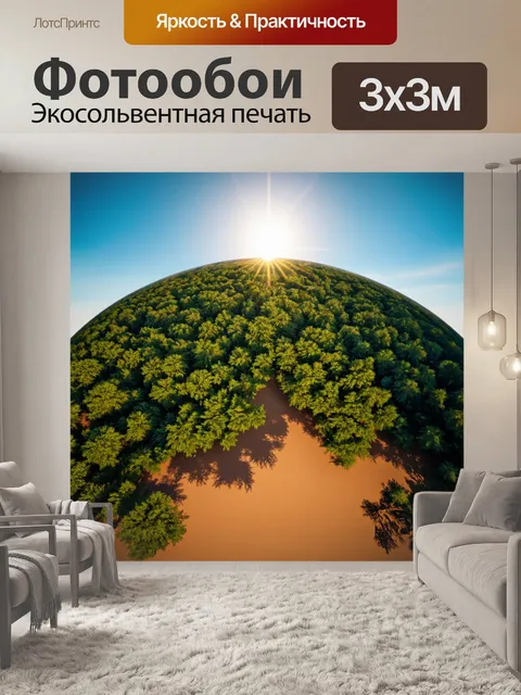 Фотообои полушарие, разделенное на две части, одна половина покрыта густыми лесами, вторая - пустыней, на горизонте…