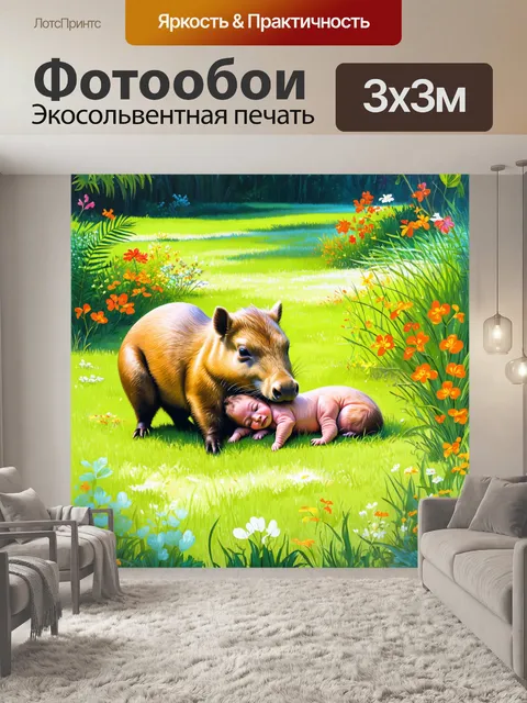 Фотообои капибара, обнимающая спящего детеныша, на тропическом лугу, полном ярких цветов и зеленой травы