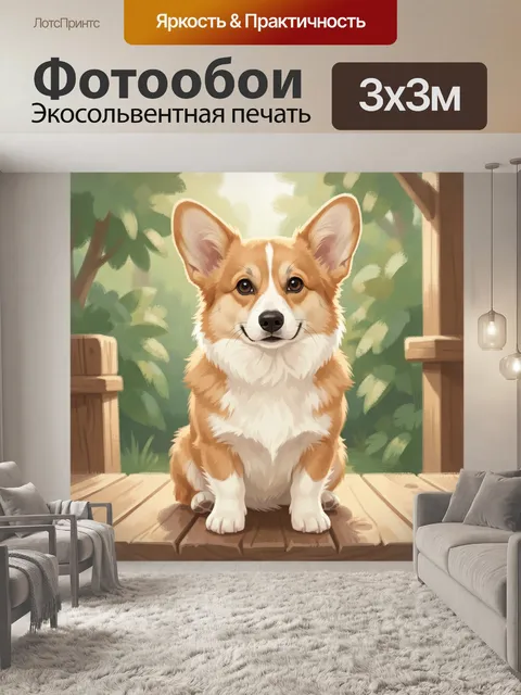Фотообои Корги на деревянной террасе