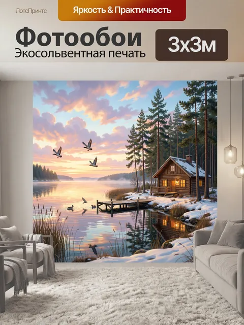 Фотообои Зимний домик у озера