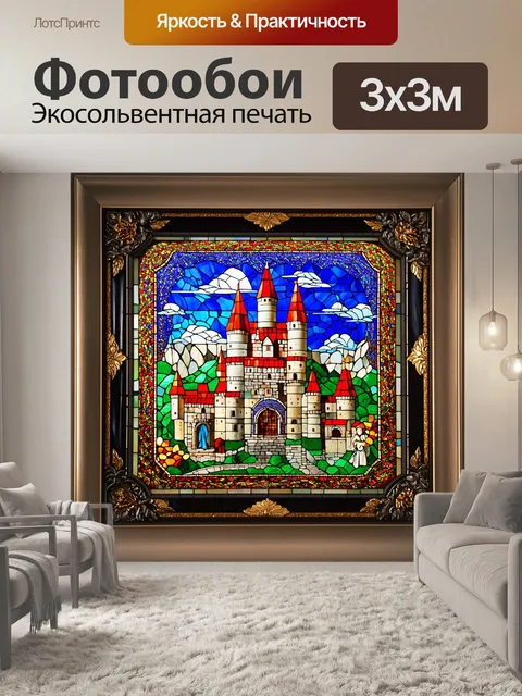 Фотообои отделанная рамка с эпохи витражей, наполненная цветными стеклярусами, изображающая исторические сцены