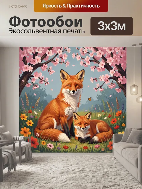Фотообои Лисы среди цветущих ветвей