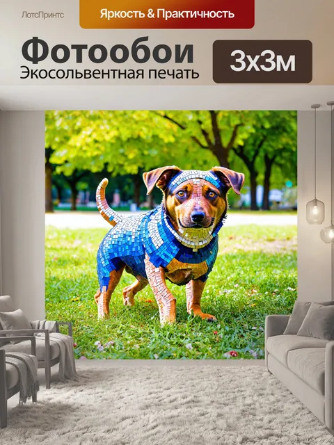 Фотообои животные в стиле мозаика, милая собака с мозаичными узорами, играющая в парке