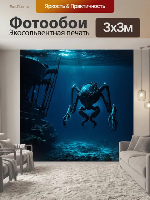 Фотообои море в стиле дизельпанк с яркими огнями и механическими созданиями, заходящими в тёмно-синюю воду