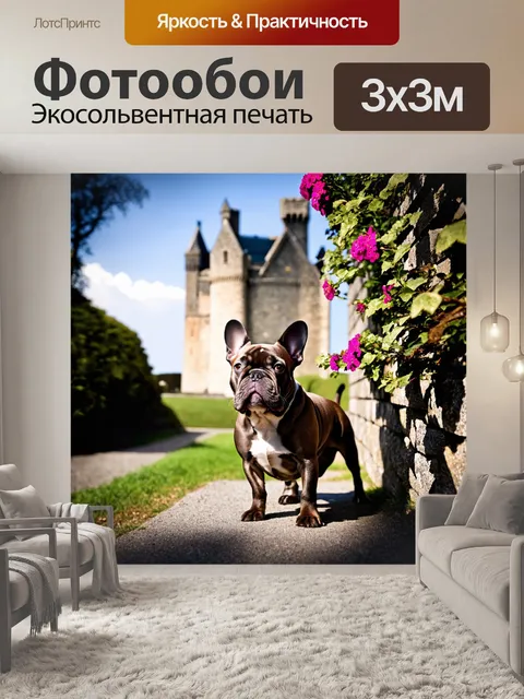 Фотообои на фоне старинного замка, французский бульдог стоит на фоне каменной стены, окруженной листвой и цветами