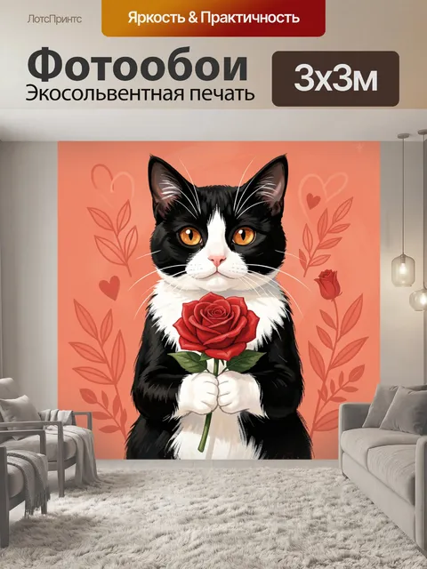 Фотообои Чёрный кот с красной розой