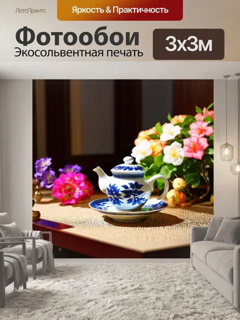 Фотообои китай: традиционный китайский фарфор на столе с чаем в окружении цветов, выполненный в технике натюрморта