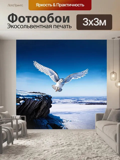 Фотообои снежная сова приземляется на ледяной утёс