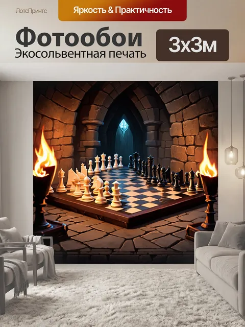 Фотообои шахматная доска в средневековом замке, окруженном каменными стенами и факелами, освещающими фигуры