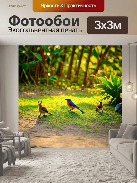 Фотообои тропическое утро, солнце восходит и освещает растения, птицы поют, маленькие животные пробегают по земле…
